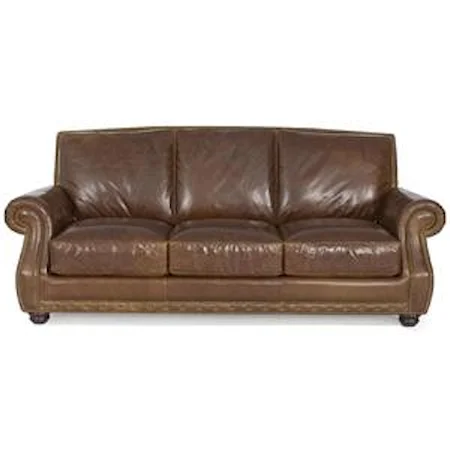 Traditional Rolled Arm Brown Leather Sofa with Nailhead Trim